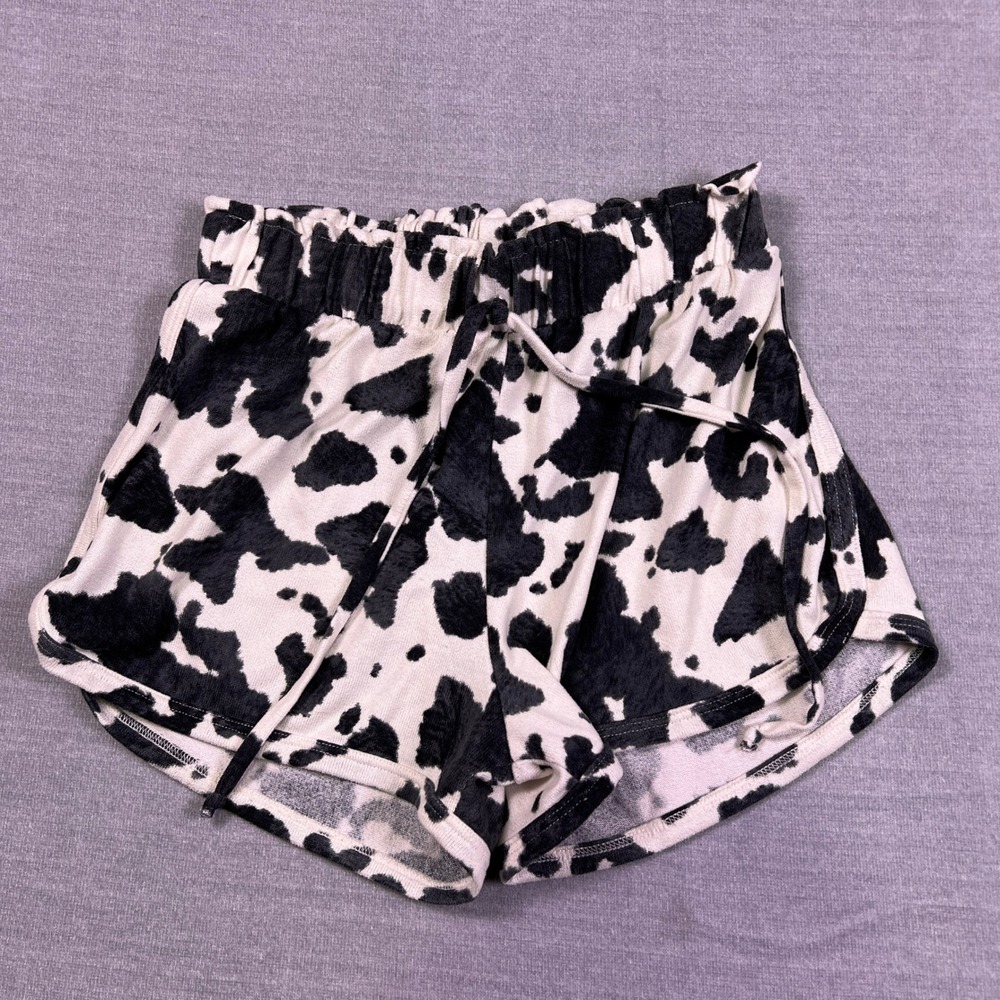Altar'd State Cow Print Drawstring High Rise Lounge Shorts Women Medium Black